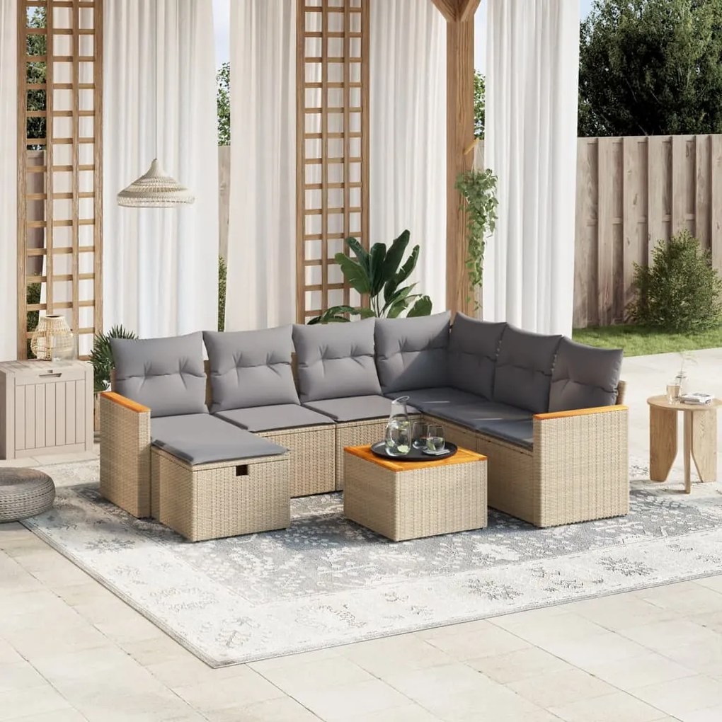 8 pcs conj. sofás jardim c/ almofadões vime PE bege misturado