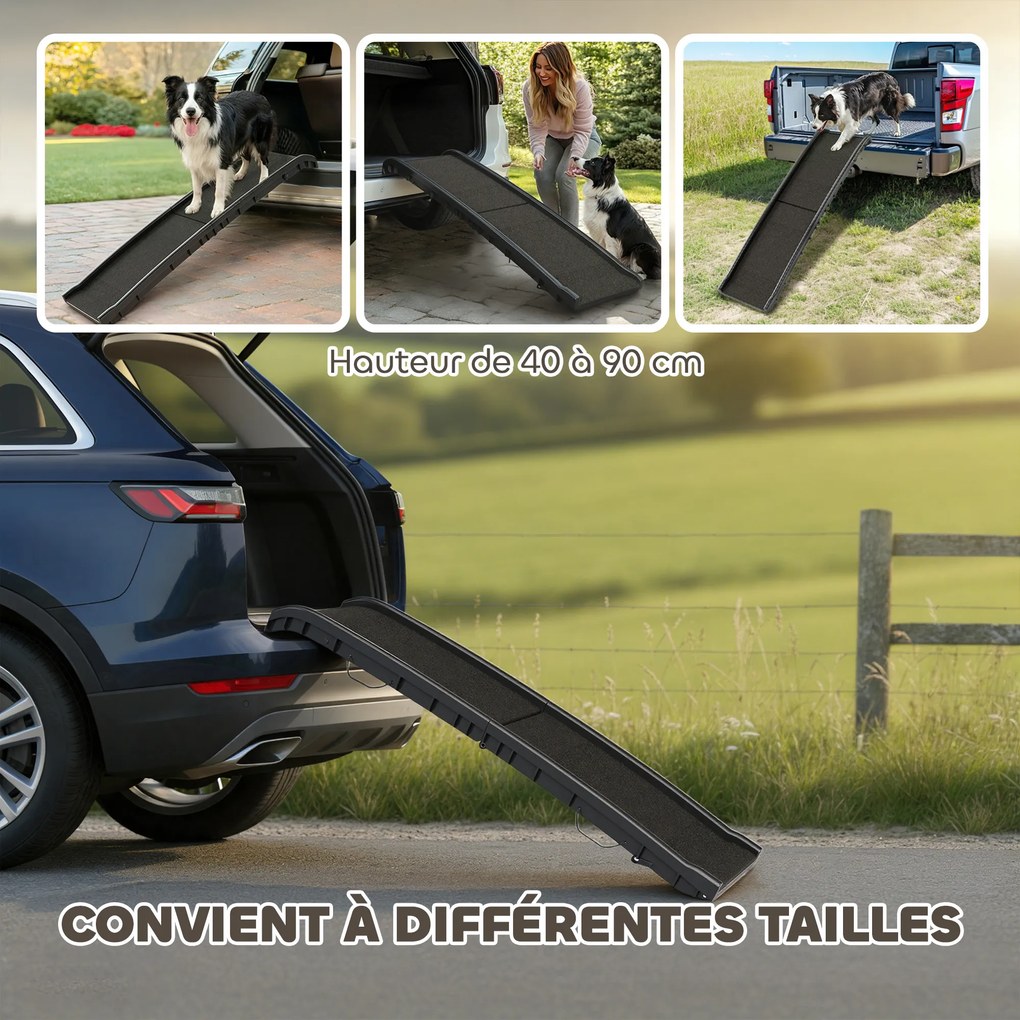 Rampa dobrável para cães, escada para cães em PP com inclinação suave e superfície antiderrapante, 155 x 38,5 x 15,5 cm, preta