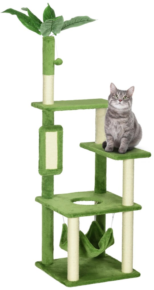 PawHut Arranhador Gatos Grande 142 cm Postes Sisal Plataformas Rede Brinquedo Bola Ø49x142 cm Verde Resistente Estável