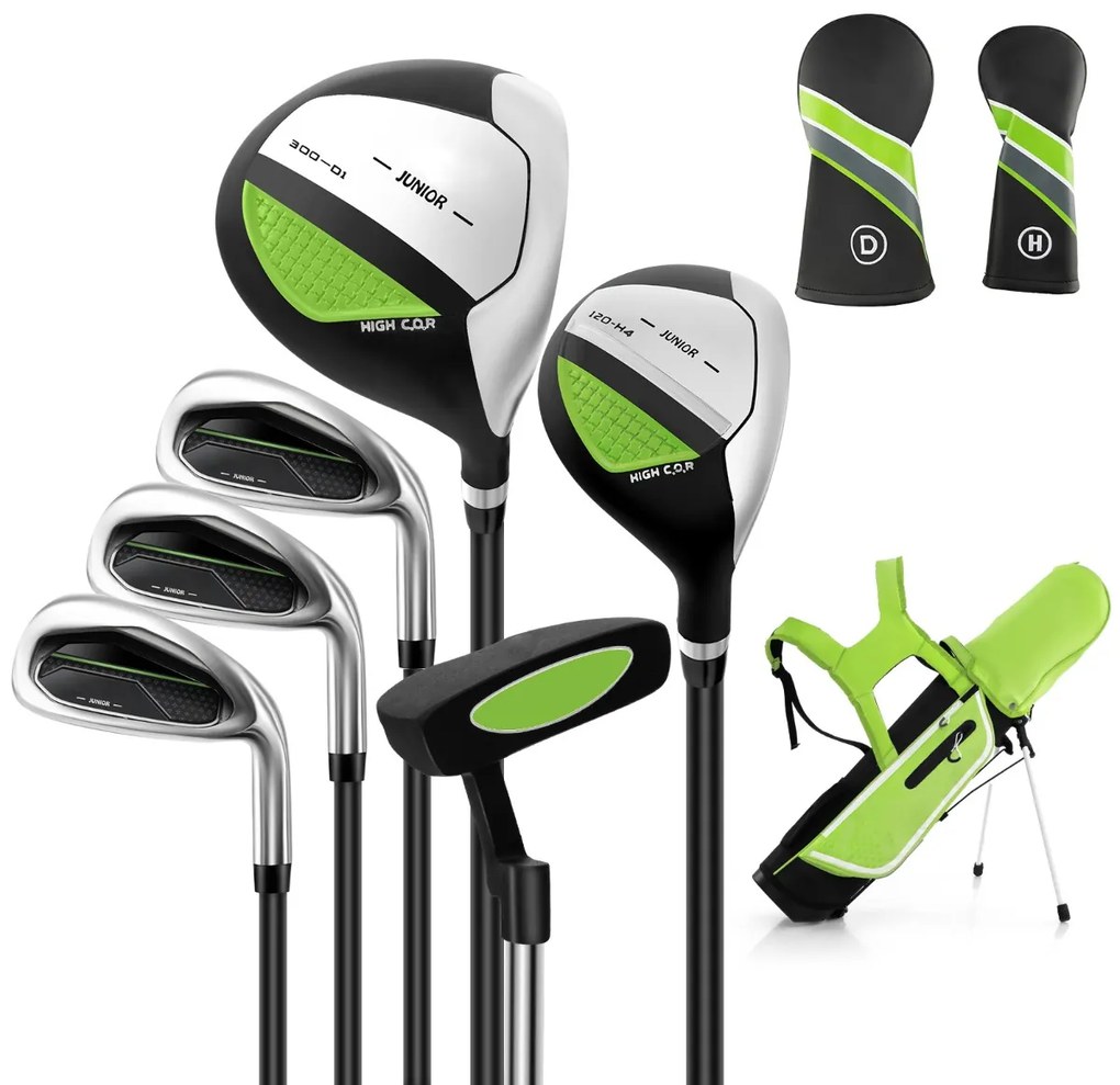 Conjunto de tacos de golfe para crianças dos 11 aos 13 anos, incluindo saco de apoio com capuz para chuva Driver n.º 1 Híbrido n.º 5 Ferros e Putter n