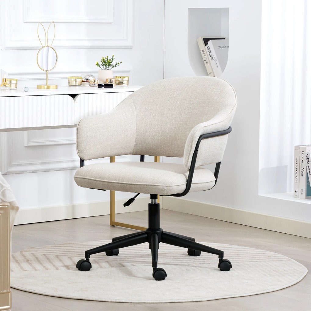 Cadeira de escritório ergonómica, cadeira de escritório com altura ajustável, giratória a 360°, 63 x 65 x 83-92 cm, creme