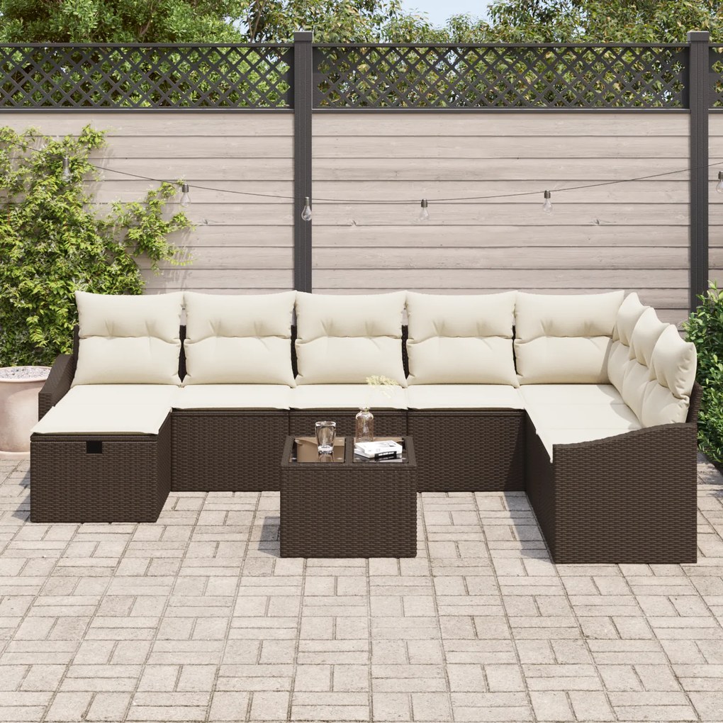 Conjunto de Sofá de Jardim de 9 Peças com Almofadas em Rattan Polímero