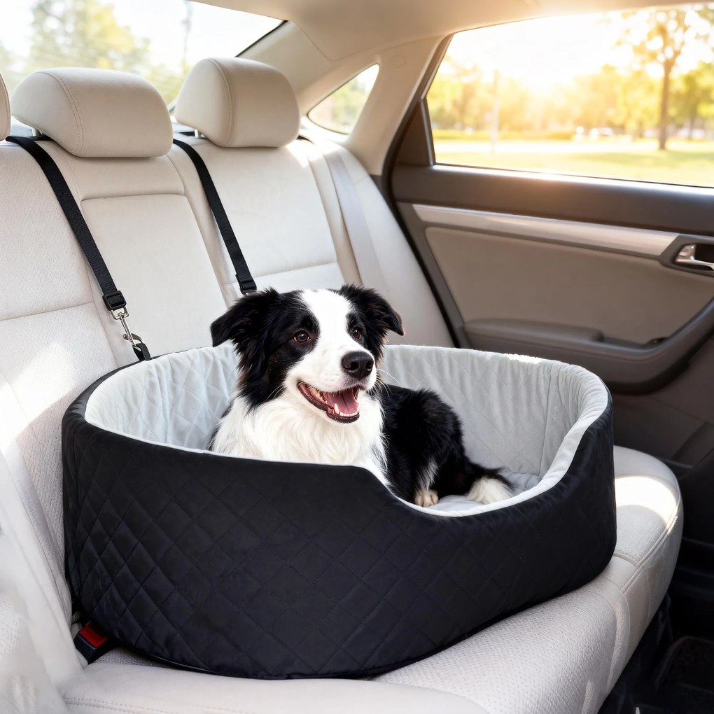 Assento de carro para cães com cinto de segurança e fixação; assento de carro acolchoado para cães, 77 x 43 x 28 cm, preto