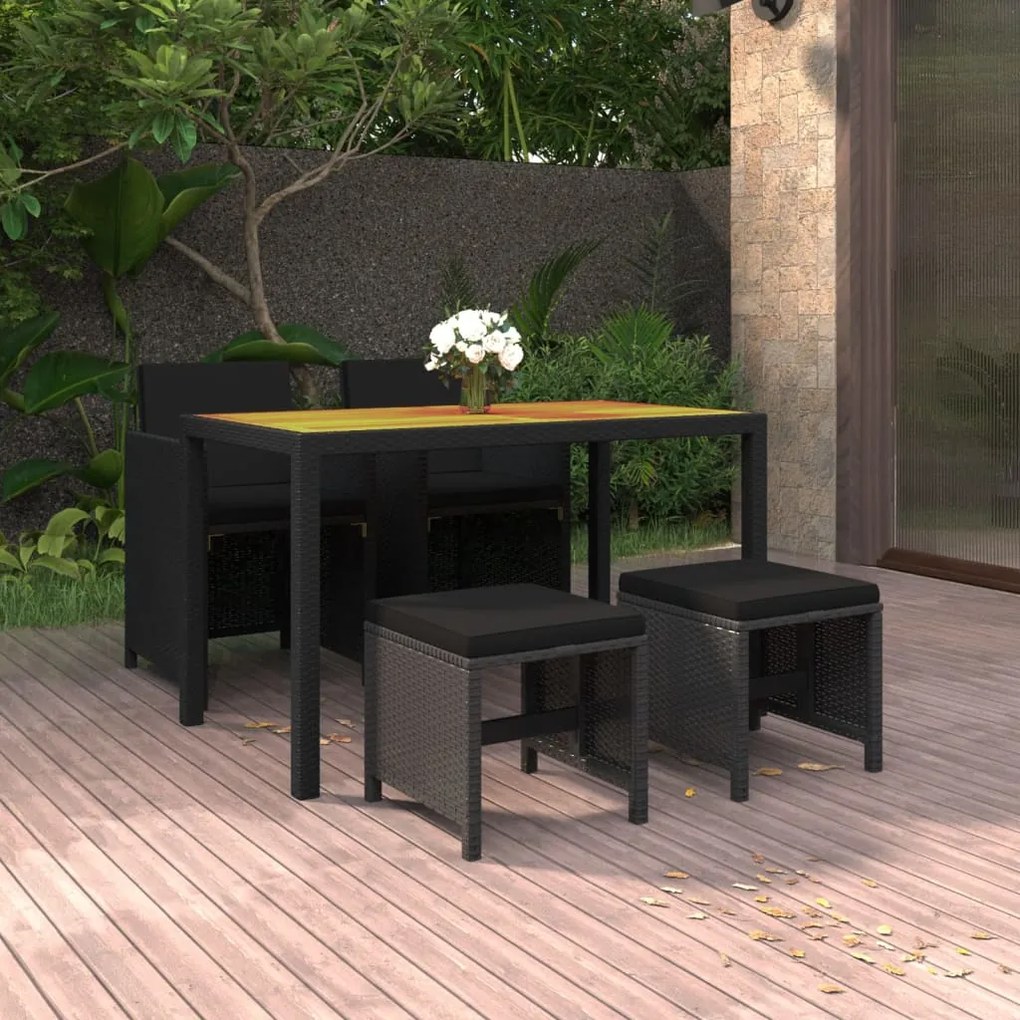 vidaXL 5 pcs conjunto de jantar p/ jardim c/ almofadões vime PE preto