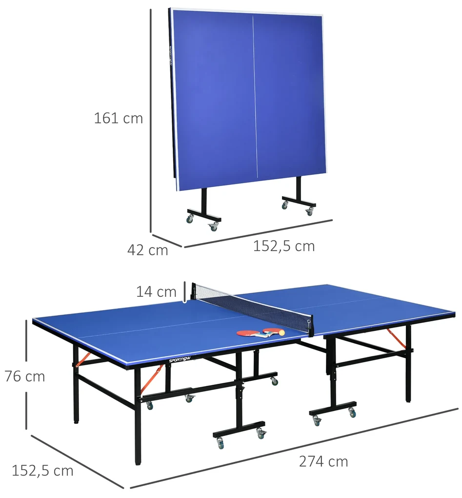 SPORTNOW Mesa de Ping Pong Dobrável com Rodas Mesa de Ping Pong Profissional  para Interior e Exterior Tamanho Padrão com Rede Raquetes e Bolas  274x152,5x76 cm Azul