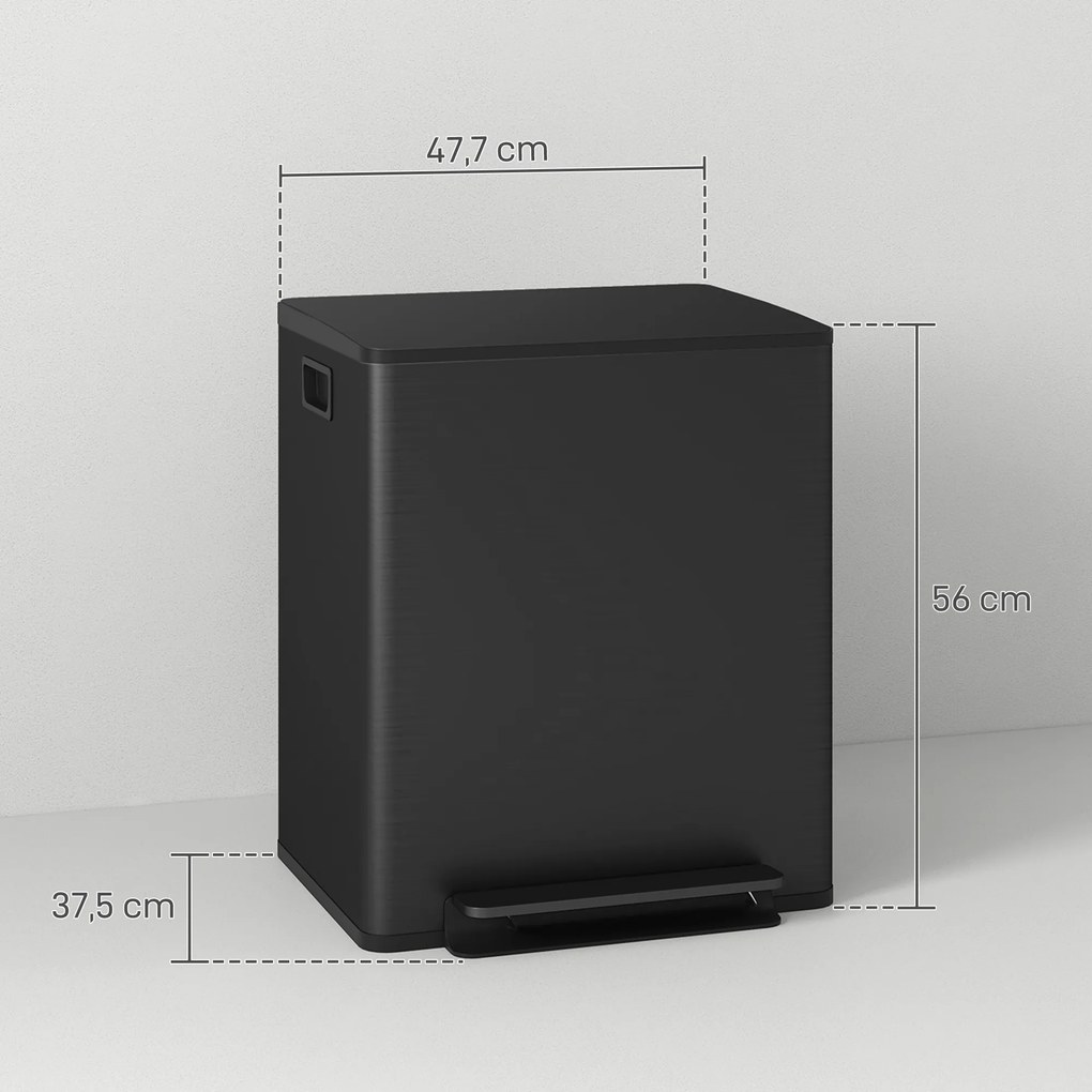 Caixote do lixo de cozinha com 2 compartimentos de 2 x 25 L, aço inoxidável, tampa com fecho suave, 47,7 x 37,5 x 56 cm, preto