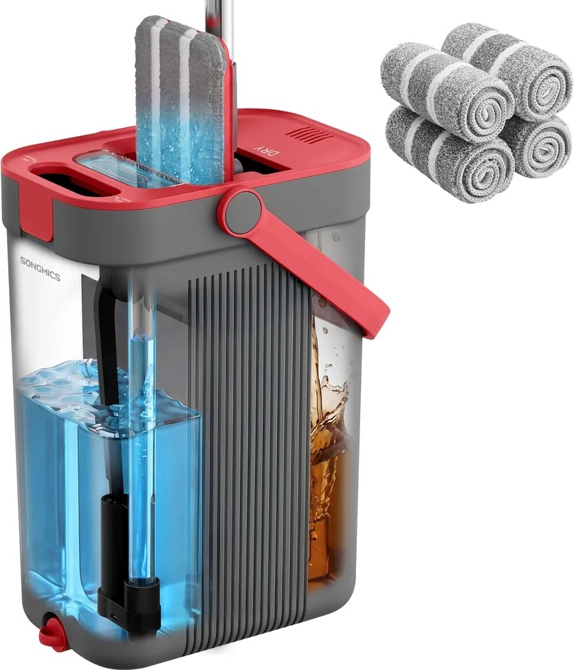 Conjunto de esfregona, 4 capas, com balde e separador cinzento-vermelho
