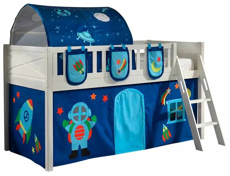 Conjunto cama alta Infantil SCOTT + cortina de brincar ASTRO + Túnel + 3 bolsos de arrumação Branca