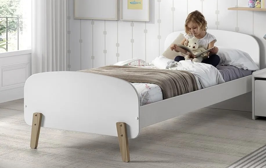 Cama infantil KIDDY (90x200)+ estrado feita de MDF com pés em pinho maciço Branca