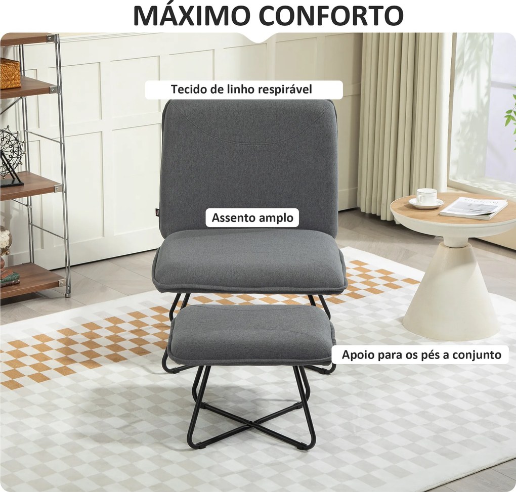 Poltrona Sala de Estar com Apoio para os Pés Poltrona Relax com Pés de Aço em Forma de Cruz Cinza Escuro