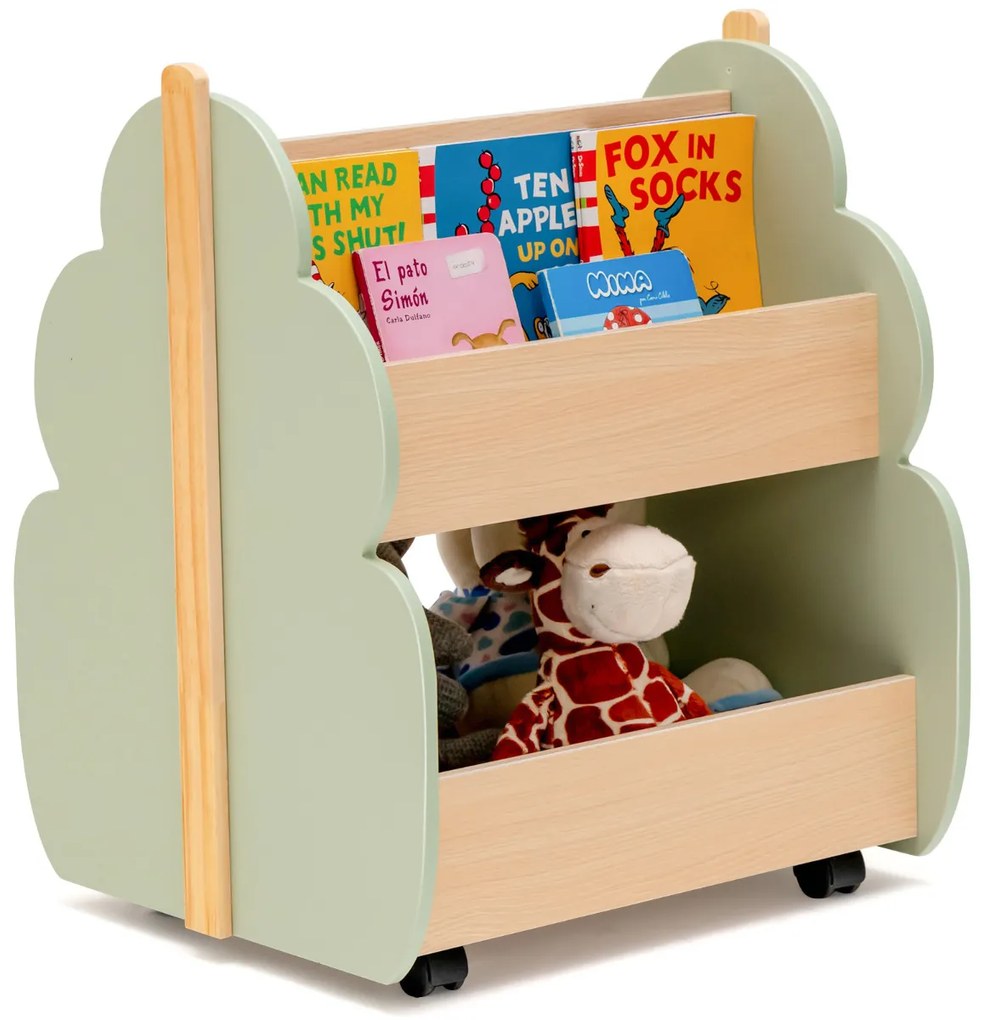 Estante de madeira infantil com rodas 2 Prateleiras para brinquedos Organizador de livros multifuncional 52 x 46 x 62,5 cm Verde