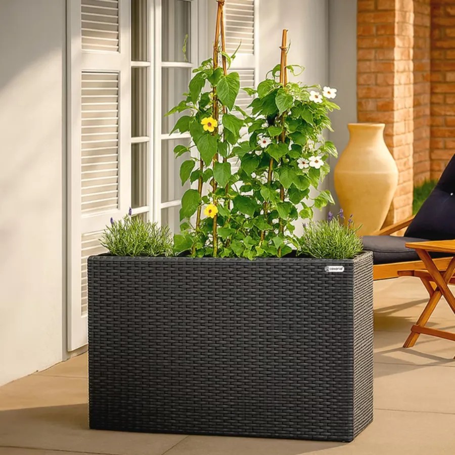 Pote com 4 vaso de flores em polyrattan 95 x 27 x 60 cm Preto