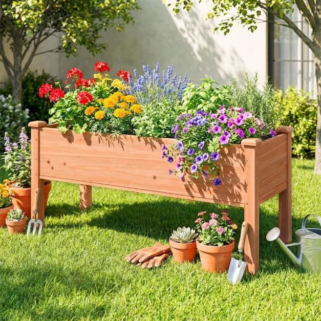 Floreira jardim elevada de madeira de abeto 120 x 43,5 x 51 cm com 5 orifícios de drenagem Laranja