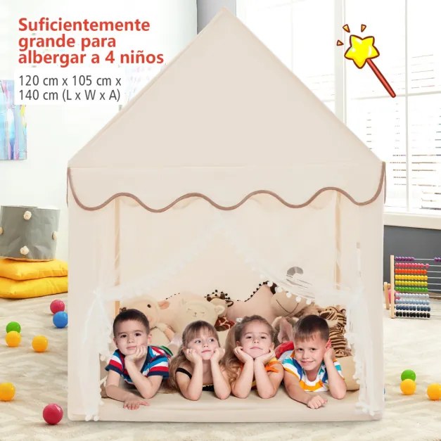 Casinha com tenda Tapete de algodão com porta e janela Brinquedo castelo 120 x 105 x 140 cm Bege
