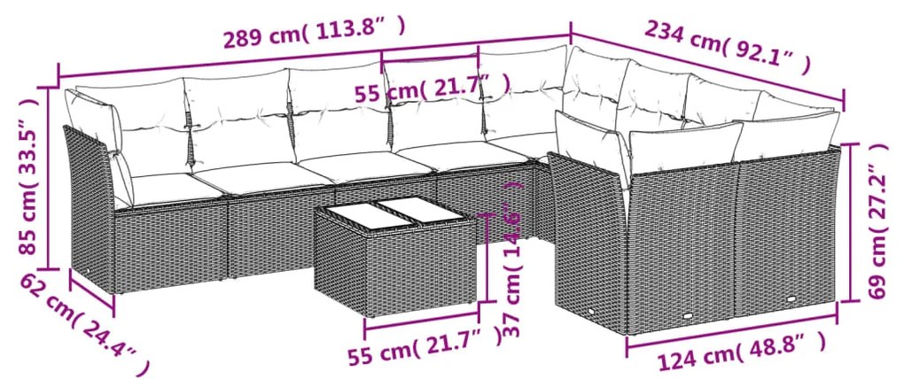 10 pcs conjunto de sofás p/ jardim com almofadões vime PE bege