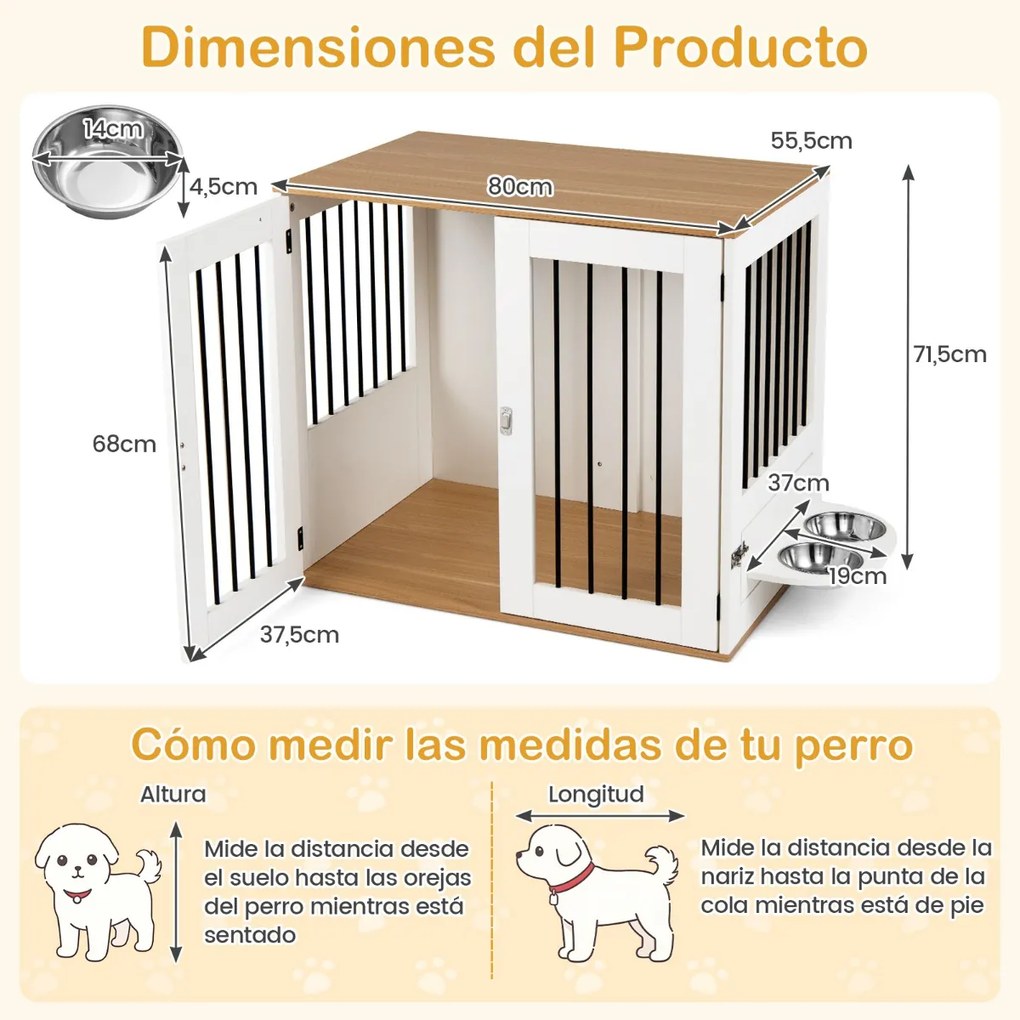 Gaiola para cães 80 x 55,5 x 71,5 cm com mesa auxiliar e comedouro giratório a 360°, portas com fechadura dupla e tigelas para animais de estimação de