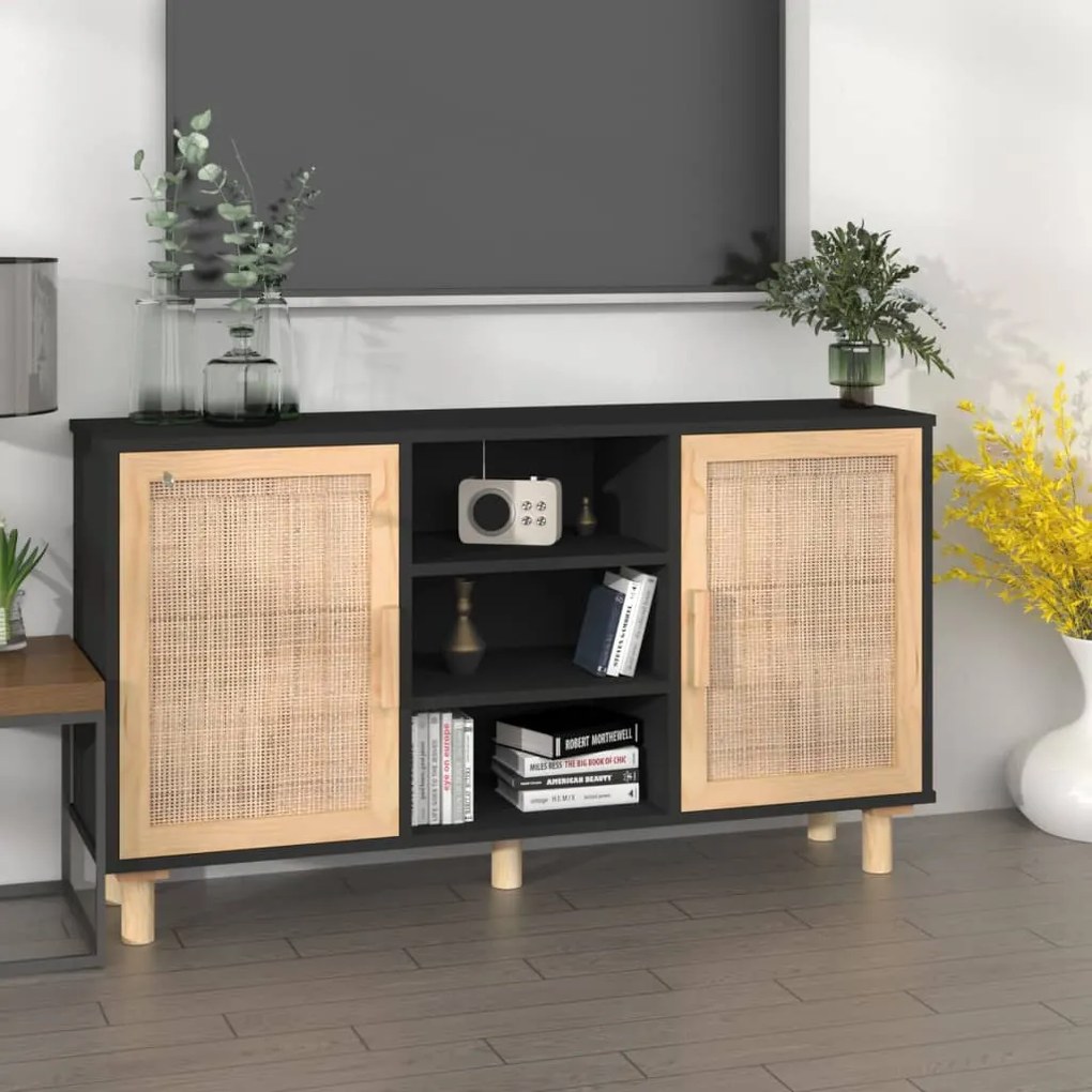 vidaXL Aparador 105x30x60 cm pinho maciço/vime natural preto
