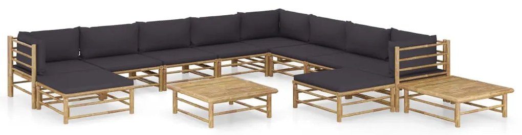 12 pcs conj. lounge jardim em bambu c/ almofadões cinza-escuro