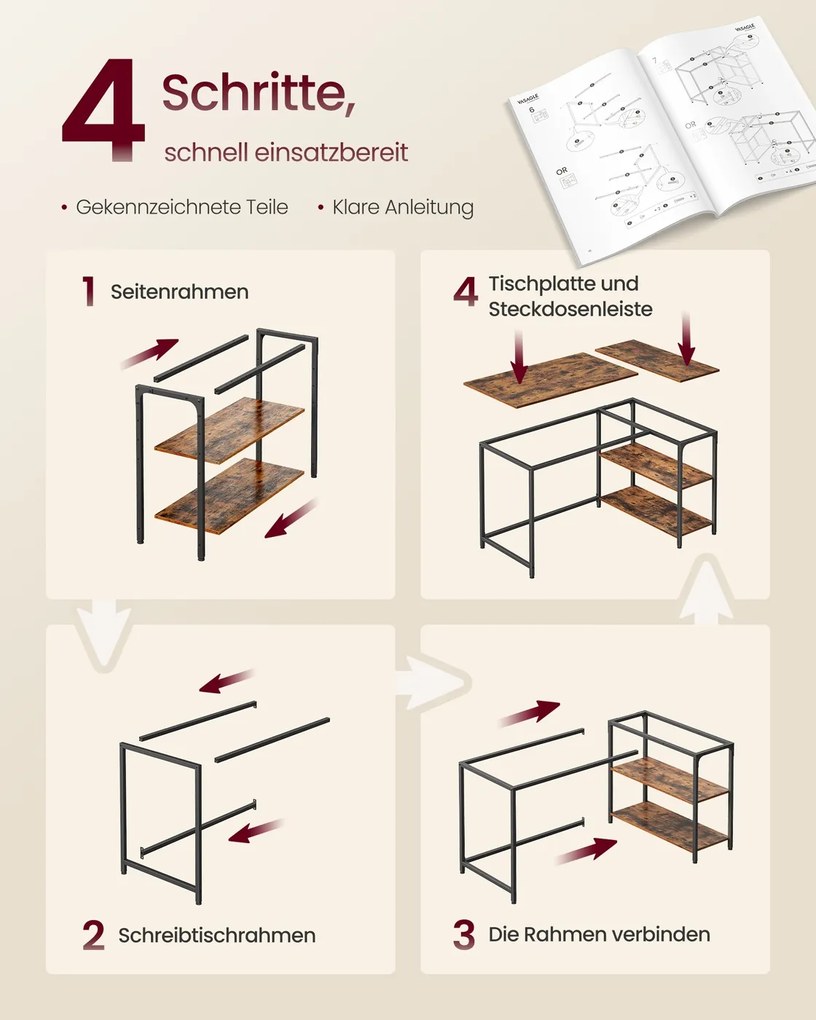 Secretária de canto 120 x 80 cm em forma de L com prateleira ajustável em altura, castanho vintage