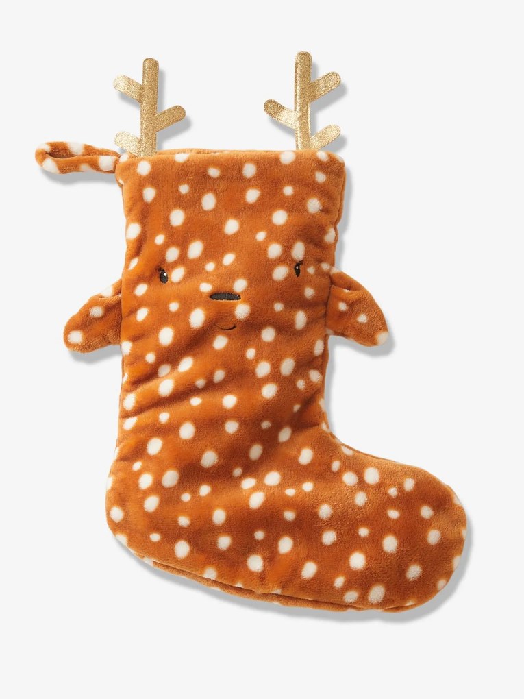 Meia de Natal em imitação pelo, Rena castanho escuro liso com motiv