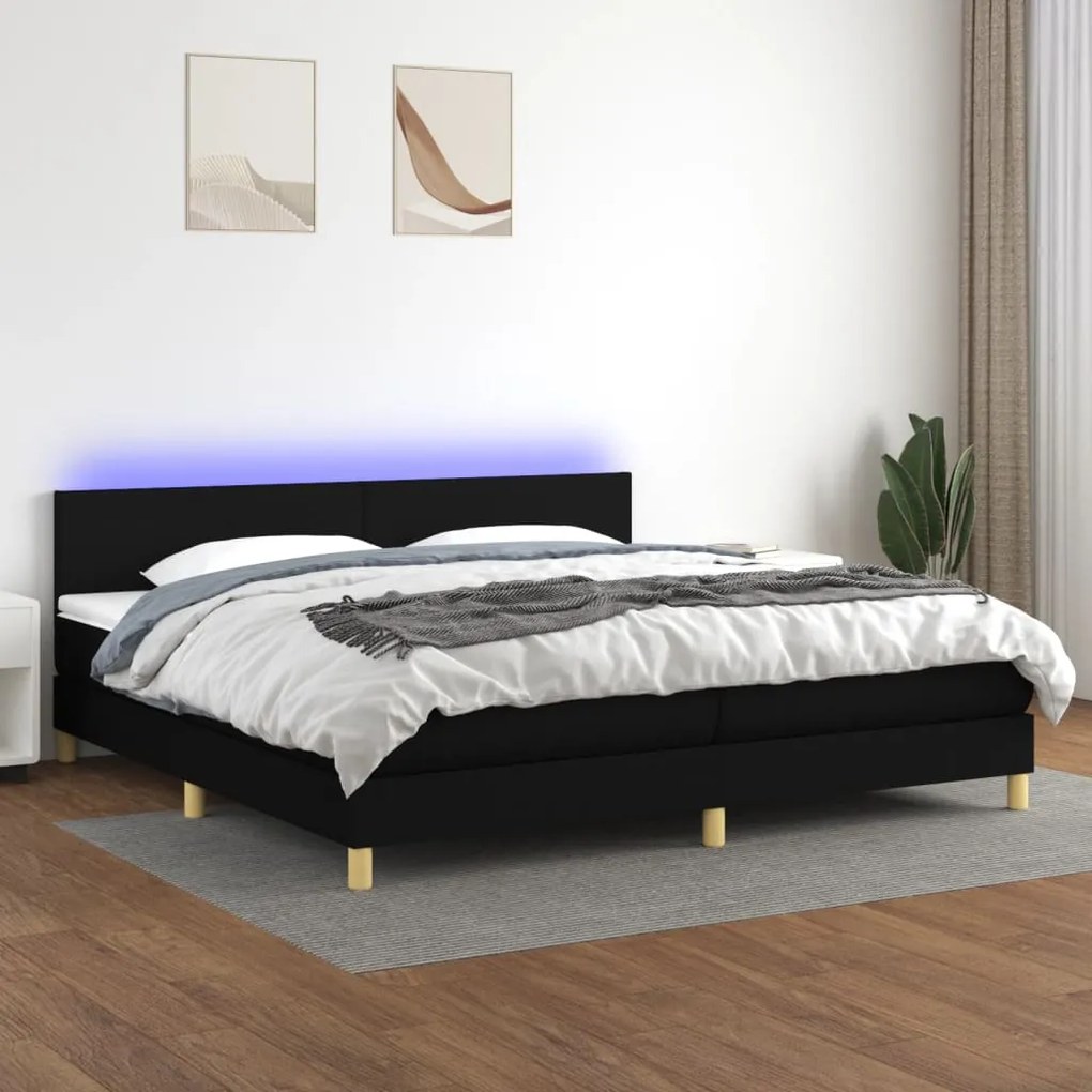 Cama box spring c/ colchão e LED 200x200 cm tecido preto