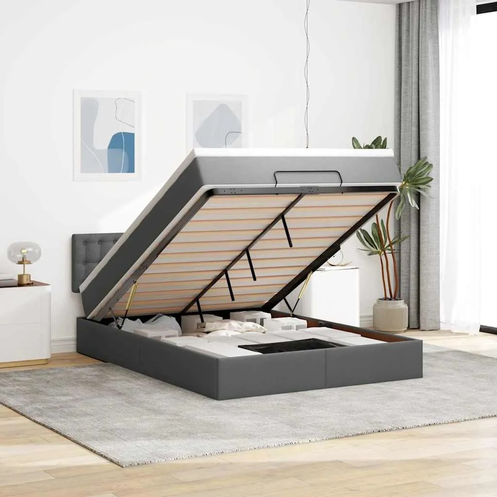 vidaXL Cama otomana com colchão 140x190 cm tecido cinzento escuro