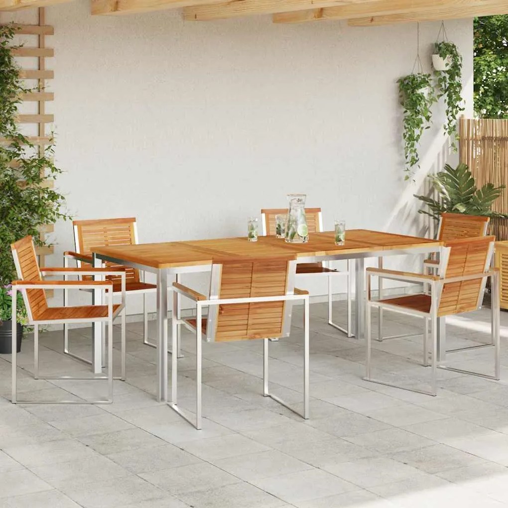 Conjunto de Jantar de Jardim 7 Peças em Madeira Sólida, Teak e Aço Ino