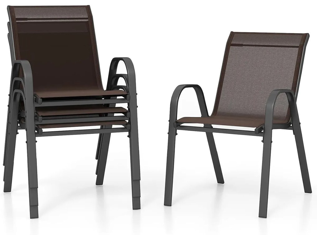 Conjunto de 4 cadeiras de jantar de jardim empilháveis Estrutura resistente ao tecido respirável Pátio exterior Praia 55 x 67 x 83 cm Castanho