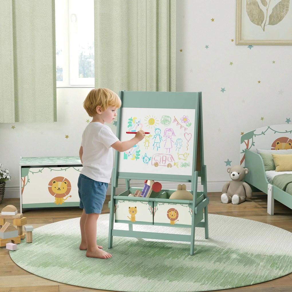 Quadro infantil 3 em 1: cavalete infantil de dupla face, quadro preto e branco, com rolo de papel, 54 x 46 x 94 cm, verde