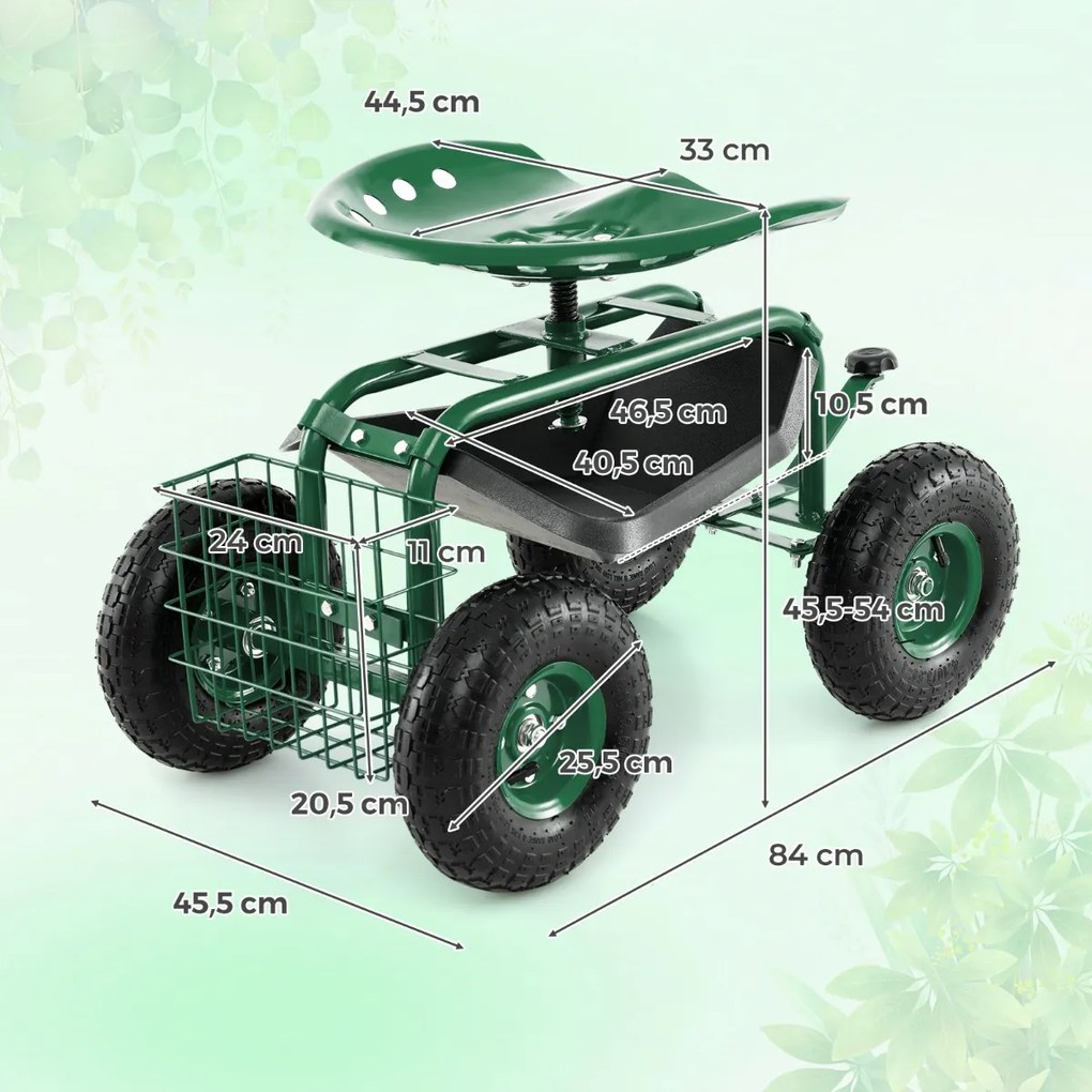 Banco para jardinagem 55,2 x 43 x 31 cm com rodas e alça extensível Assento ajustável 2 bandejas para ferramentas e 4 rodas de borracha Verde