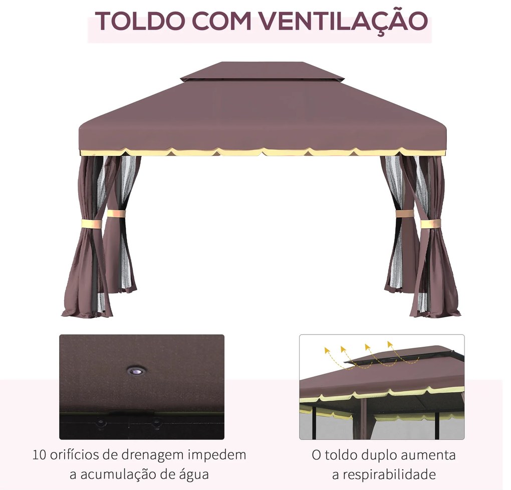 Pérgola de Jardim 3,9x2,9m de Alumínio com Teto de Ventilação 4 Cortinas Laterais Tela Mosquiteira e 8 Orifícios de Drenagem para Exterior Pátio Festa
