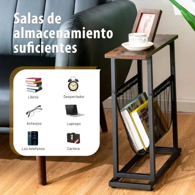Mesa de apoio industrial de 2 níveis rústica para espaços apertados Rede de revistas Mesa de sofá retro