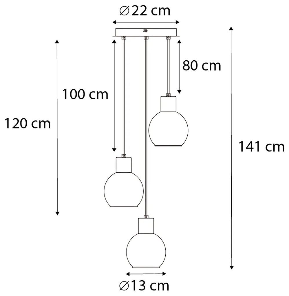 Candeeiro suspenso Art Déco preto com vidro fumê redondo 3 luzes - Vidro Art Deco