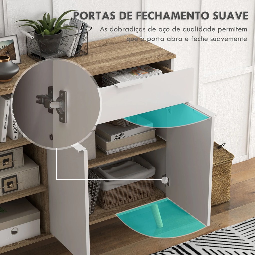 Aparador Sala de Estar com 1 Gaveta 2 Portas de Fechamento Suave e Prateleiras Ajustáveis 95x35x85 cm Branco e Madeira