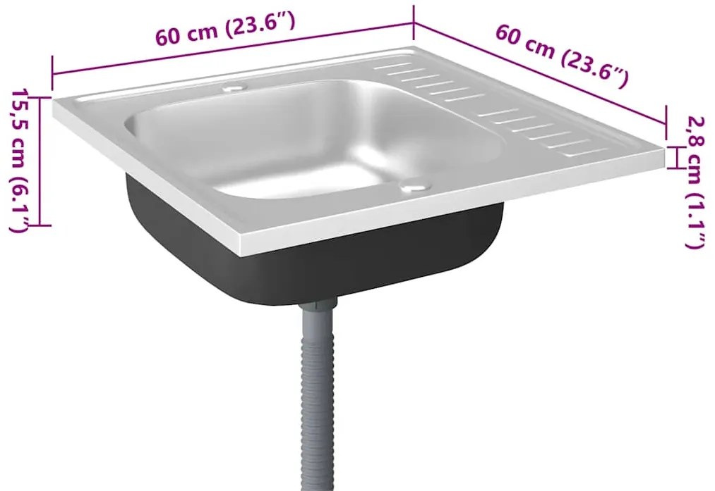 Lava-louça cozinha + escorredor 600x600x155mm aço inox prateado