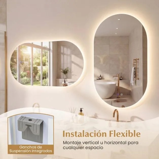 Espelho 90x55 cm ovalado iluminado de parede para casa de banho retroiluminado LED 3 modos cor ajustável antiembaciamento vidro temperado HD sem mold