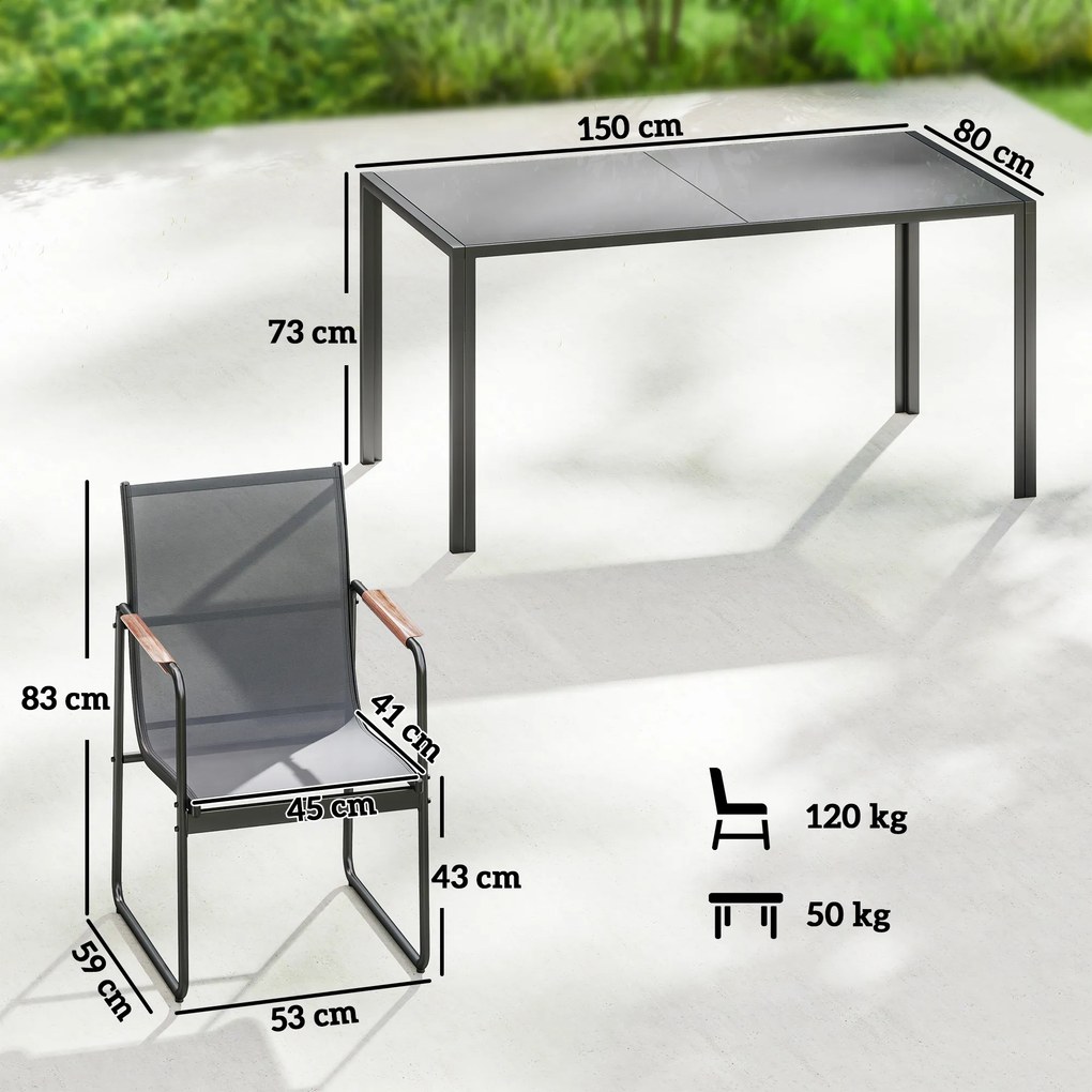 Conjunto de Mesa e Cadeiras de Jardim de 7 Peças com Mesa de Vidro Temperado 6 Cadeiras e Estrutura em Aço Cinza
