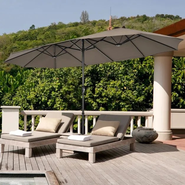 Guarda-sol duplo jardim 4,6 x 2,7 m com manivela e Base areia Estrutura com 12 varetas para jardim Café