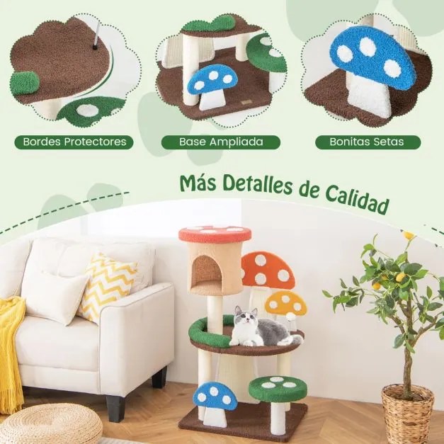 Arranhador para gatos 4 em 1 formato cogumelos Plataforma com Postes de Sisal e Tábuas de Arranhar Multicolor