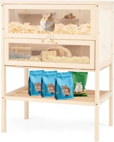 Gaiola para hamsters, de 80 cm com teto de malha rebatível, escada múltipla, rampa, prateleira inferior, painel acrílico e porta castanha