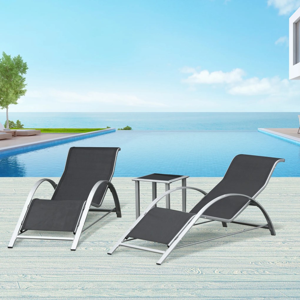 Conjunto de 2 espreguiçadeiras de design contemporâneo com mesa de centro com tampo em vidro temperado, metal com revestimento epóxi e textilene cinze