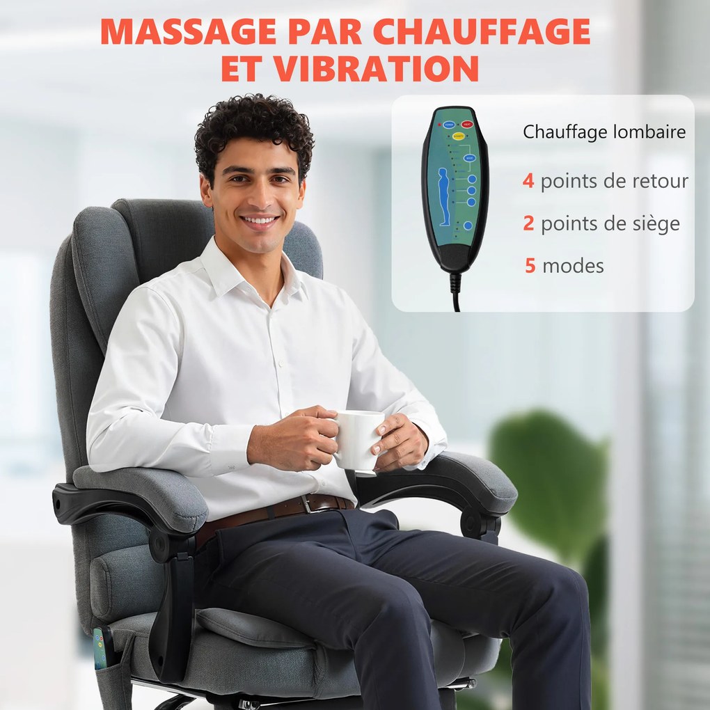 Cadeira de escritório com função de massagem e aquecimento, altura ajustável, encosto reclinável, 65 x 70 x 111-119 cm, cinzenta