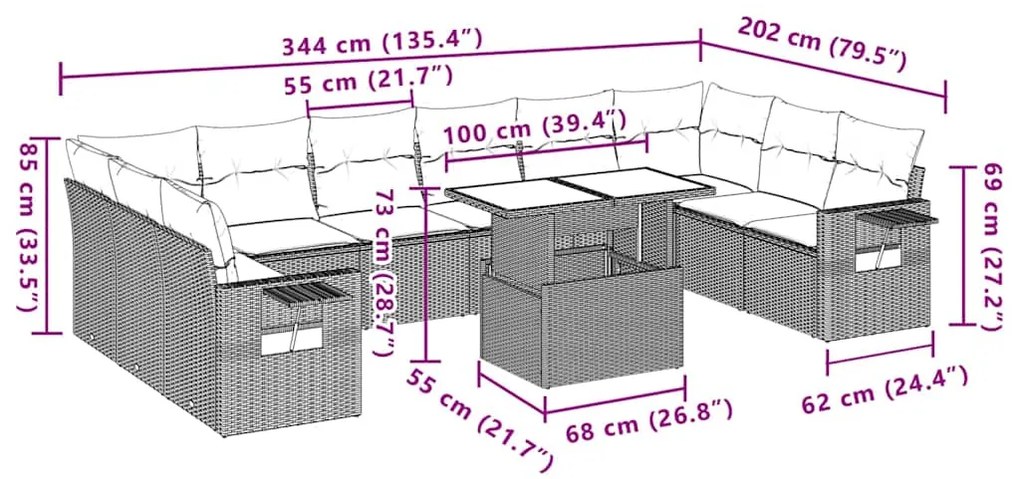 11 pcs conjunto sofás de jardim c/ almofadões vime PE preto