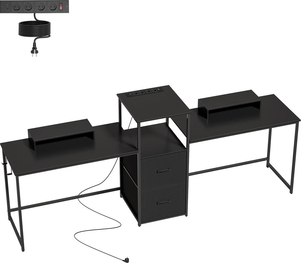 Mesa Gaming Dupla de 244 cm com Estação de Carga Portos USB Suportes para Monitor Gavetas de Tecido Preto