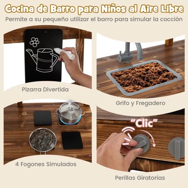 Cozinha de brincar em madeira para crianças dos 3 aos 7 anos com Toldo, torneira giratória, lava-loiça, puxadores realistas, natural