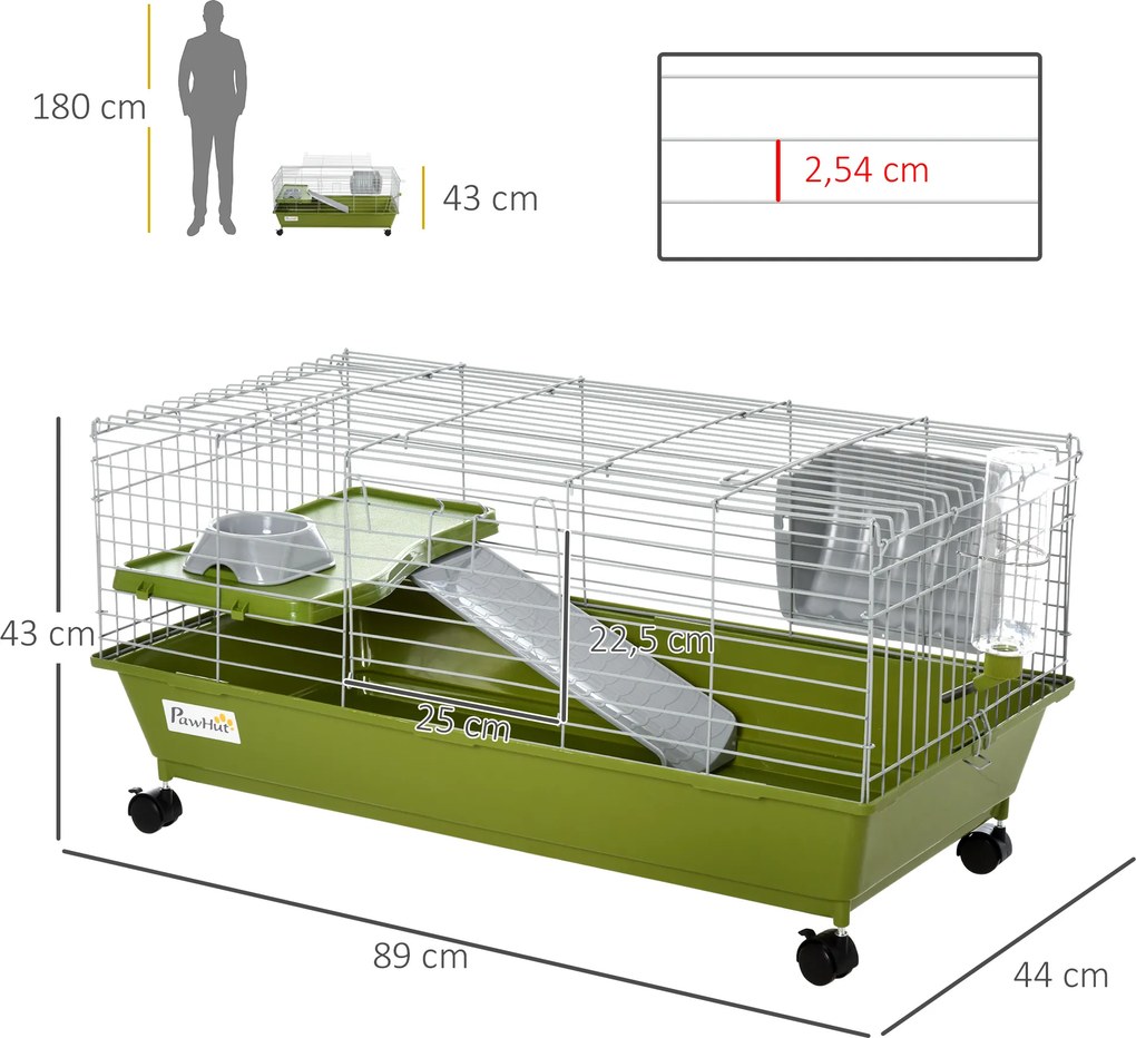 Gaiola para Pequenos Animais com Rodas Bebedouro Comedouro e Dispensador de Feno para Coelhos e Porquinhos-da-Índia 89x44x43 cm Verde