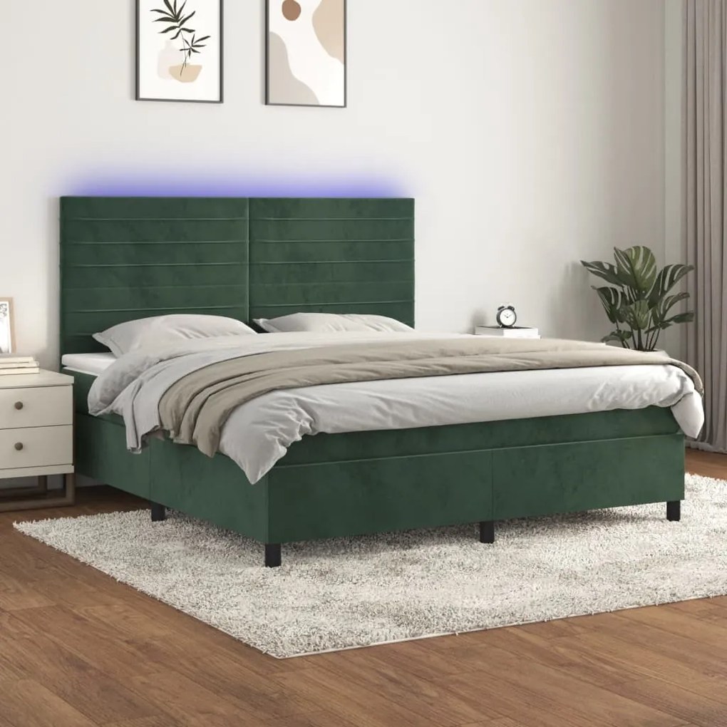 Cama box spring c/ colchão/LED 180x200 cm veludo verde-escuro