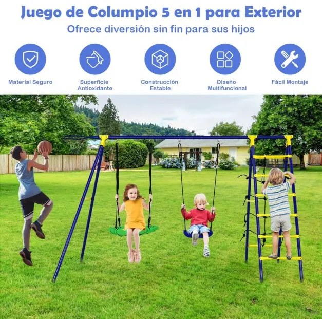 Conjunto de baloiço de jardim para crianças 5 em 1 com cesto de basquetebol Rede de trepar Estrutura metálica para parque de jardim295 x 138 x 176,5 c