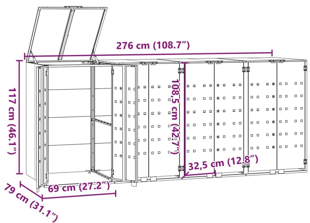 Abrigo para 4 caixotes do lixo 276x79x117 cm aço cinzento