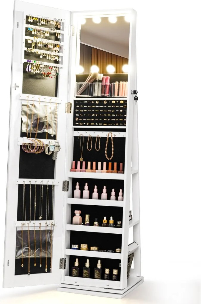 Armário giratório para joias 360°com espelho de corpo inteiro 43 x 38 x 160 cm iluminado e prateleiras traseiras 3 caixas Branco